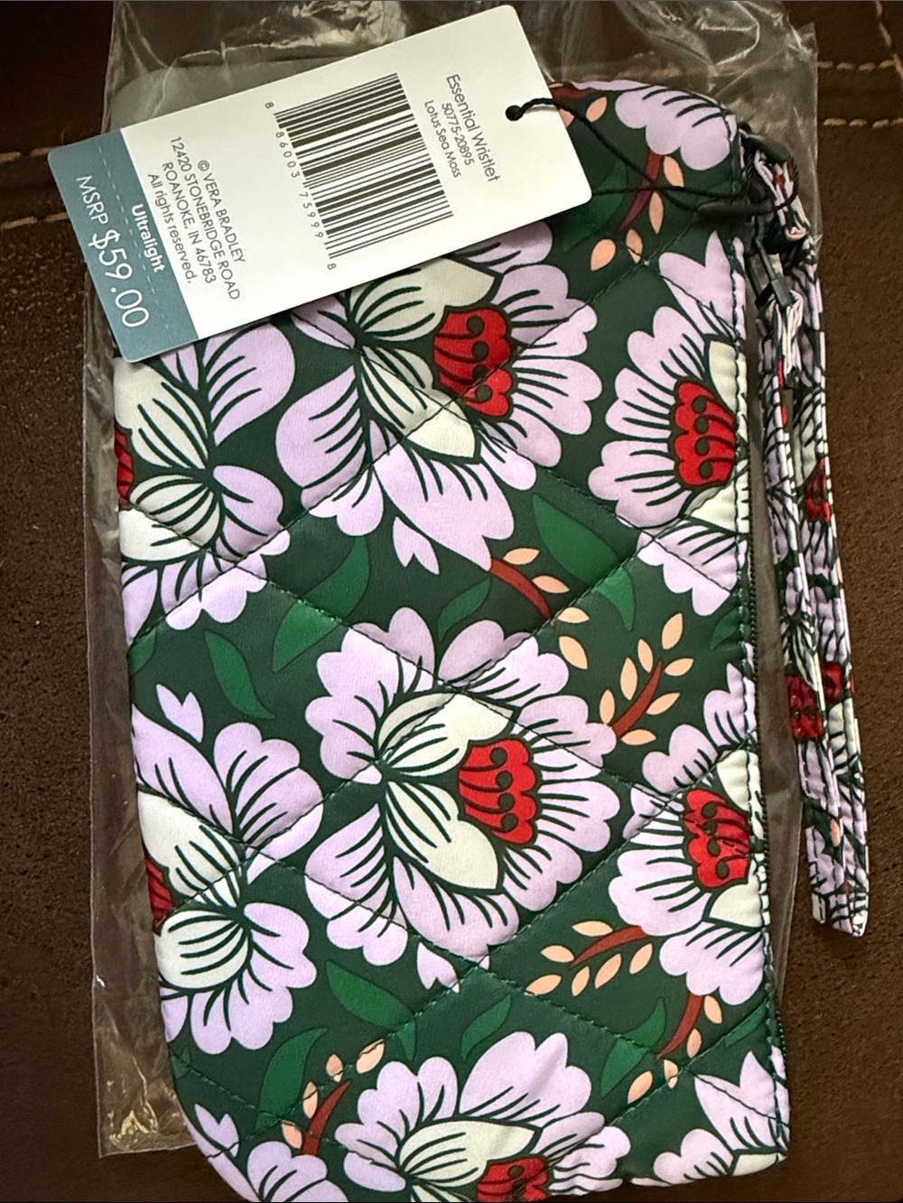 Vera Bradley Green Quilted Wristlet with Lilac and Red Floral Pattern